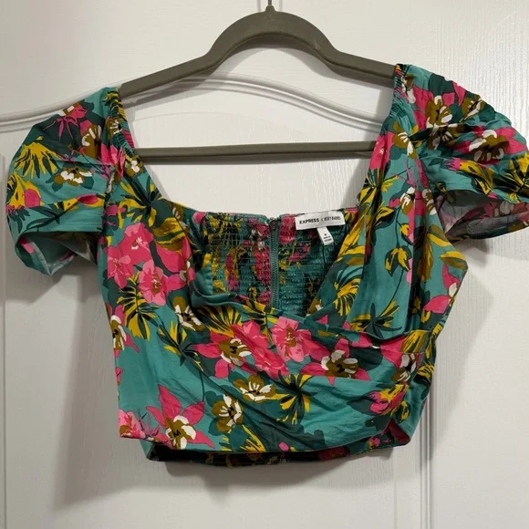 Express Teal Floral Puff Sleeve Crop Top - Picture 7 of 8
